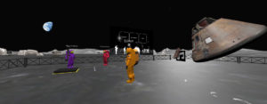 Three player avatars in purple, red and orange are scattered inside a fenced in space in the moonscape. To the right is a floating Apollo 11 module. In the background is a floating screen that shows silhouetted figures in white, with the words "discover, authenticate, and collect" floating above them.
