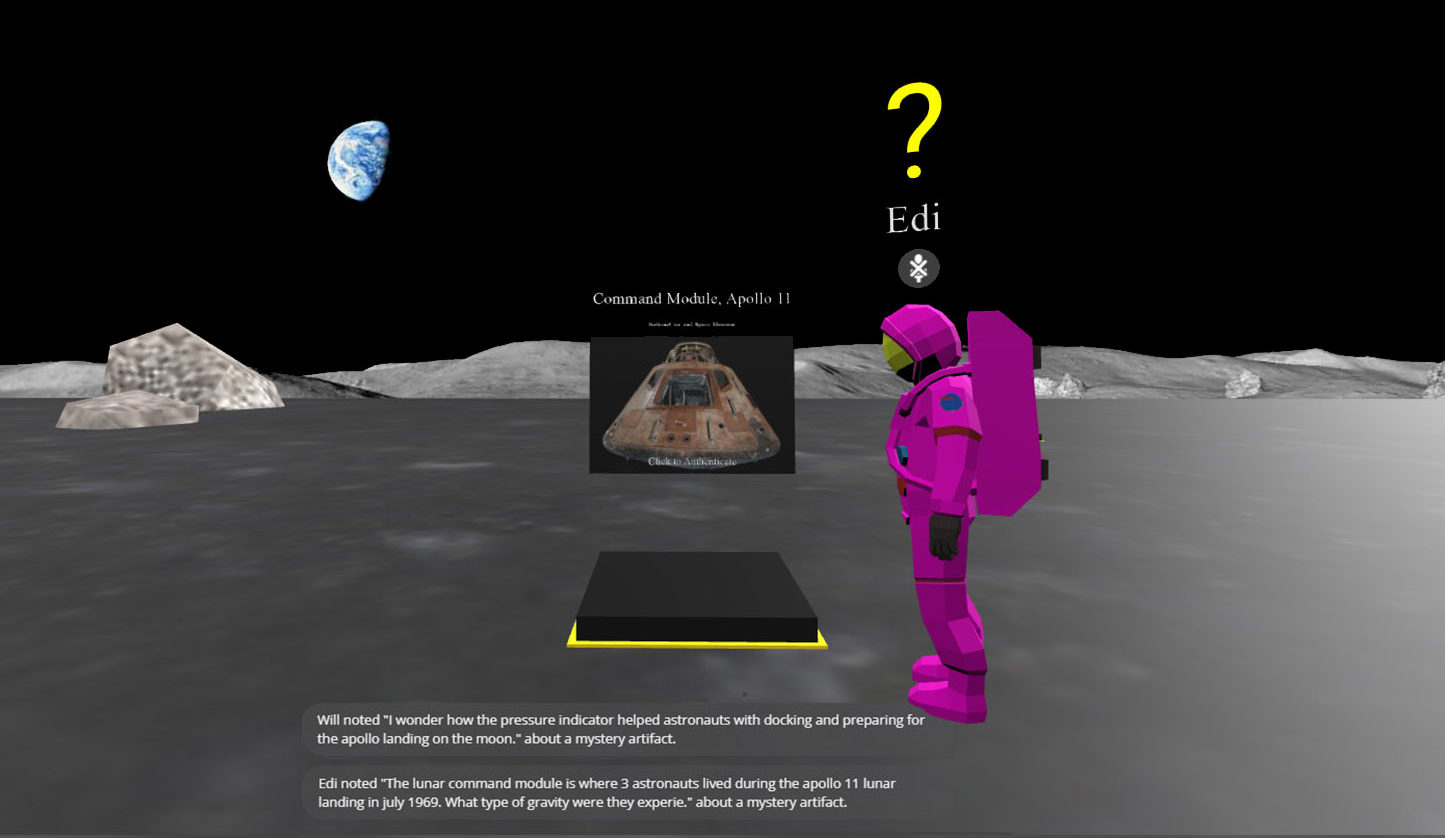 A magenta spacesuit-wearing avatar stands to the side of a picture of the Apollo 11 lunar capsule, which is floating above a black platform with a bright yellow border. A yellow question mark and the player's name (Edi) are floating above the avatar's head. To the bottom of the screen is text sharing notes that players have entered. In the background are moon boulders and a far away view of the Earth against a black sky.