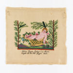 A cream-beige square silk sampler with a nude figure surrounded by pink flowers reclining in a hammock supported by pine-like trees in the center formed from glass beads woven with satin, black text is sewn beneath