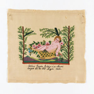 A cream-beige square silk sampler with a nude figure surrounded by pink flowers reclining in a hammock supported by pine-like trees in the center formed from glass beads woven with satin, black text is sewn beneath