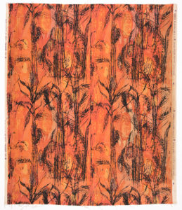 A vibrant orange rectangular textile with irregular splotches of lighter orange, pink, mauve and yellow, sketch-like thin black stalks of wheat cover the fabric in vertical rows, many partially obscured by clusters of black lines
