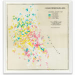 Print of a map of the Chicago Metropolitan Area which shows data in different colors.