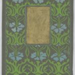 A dark gray cover decorated with blue flowers blooming from long green stems that curve from the top to the bottom of the page which are separated by a gold colored square in the middle.