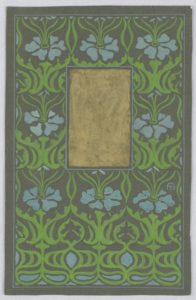 A dark gray cover decorated with blue flowers blooming from long green stems that curve from the top to the bottom of the page which are separated by a gold colored square in the middle.