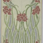 Vertically symmetrical depiction of red wine-colored bunches of flowers that bloom from long green stems that curve like snakes from the bottom to the top of the page.