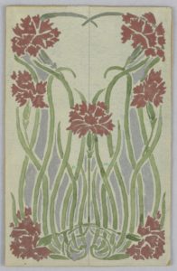 Vertically symmetrical depiction of red wine-colored bunches of flowers that bloom from long green stems that curve like snakes from the bottom to the top of the page.