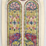 Watercolor depiction of two tall, arched, symmetrical stained glass windows decorated with intricate patterns in vibrant pinks, yellows, and blues.