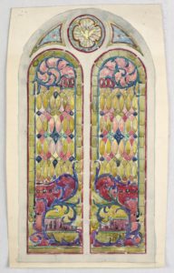 Watercolor depiction of two tall, arched, symmetrical stained glass windows decorated with intricate patterns in vibrant pinks, yellows, and blues.