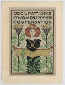 Painting of a woman facing forward in a strong stance holding open a large book, with the words "Occupations of Women and Their Compensation" in bold black letters above her head.