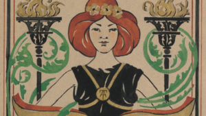 Painting of a woman facing forward in a strong stance holding open a large book, with the words "Occupations of Women and Their Compensation" in bold black letters above her head.