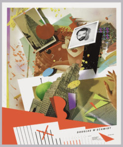 Poster showcasing different objects such photographs, fruit, buildings all portrayed in vibrant, flouresecent colors