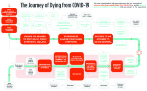 A red and gray diagram shows the path of a patient entering a hospital with severe COVID-19 symptoms. The journey continues through increasing levels of care, including intubation.