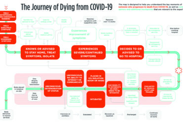 A red and gray diagram shows the path of a patient entering a hospital with severe COVID-19 symptoms. The journey continues through increasing levels of care, including intubation.