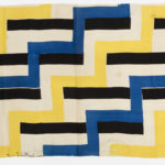 Alternating vibrant yellow and blue lines form staircase-like zigzags diagonally across a cream-colored textile, with horizontal black lines accenting each "stair."