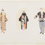 Three designs showing bold, geometrically patterned coats in earthy browns, yellows, and blacks, two of which are ankle-length and one of which is knee-length.