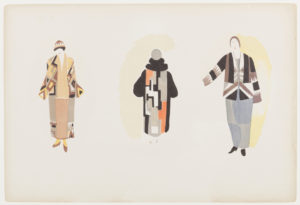 Three designs showing bold, geometrically patterned coats in earthy browns, yellows, and blacks, two of which are ankle-length and one of which is knee-length.