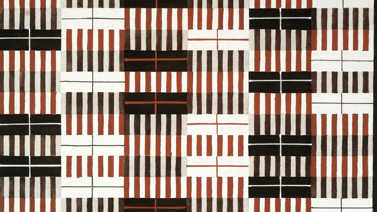 Alternating rectangular sections of red and black lines that have the appearance of piano keys cover a bright white background; the repeating lines and high contrast between the colors has a dizzying effect.