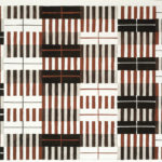 Alternating rectangular sections of red and black lines that have the appearance of piano keys cover a bright white background; the repeating lines and high contrast between the colors has a dizzying effect.