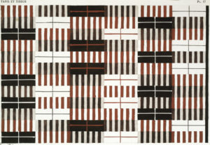 Alternating rectangular sections of red and black lines that have the appearance of piano keys cover a bright white background; the repeating lines and high contrast between the colors has a dizzying effect.