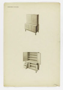 Two sepia-toned sketches of a cabinet featuring a tall, slightly recessed top section with two large doors and a bottom section with two smaller doors next to three stacked drawers. The top sketch shows all of the doors and drawers closed, while the bottom shows everything open.