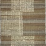 Thickly woven textile featuring horizontal rows of earthy tones and large, offset rectangles in an off-white color that cascade down the length of the fabric.