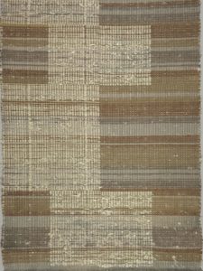 Thickly woven textile featuring horizontal rows of earthy tones and large, offset rectangles in an off-white color that cascade down the length of the fabric.