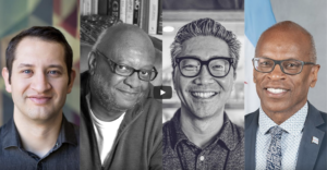 Four photographic portraits sit side-by-side. The first is a pale-skinned person with short dark hair. The second is a person with dark skin, glasses, and a shiny head. The third is a person of Asian descent with glass and short salt-and-pepper hair. The last person has dark skin, a shiny head, and glasses.