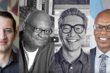 Four photographic portraits sit side-by-side. The first is a pale-skinned person with short dark hair. The second is a person with dark skin, glasses, and a shiny head. The third is a person of Asian descent with glass and short salt-and-pepper hair. The last person has dark skin, a shiny head, and glasses.