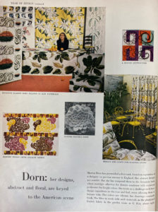 Image of a magazine page of the start of an article on Marion Dorn, featuring a block of text and five colorful images depicting textile designs.