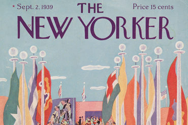 Cover of The New Yorker featuring a drawing of a crowded trolley passing down a people-filled street lined with giant flags. Title text at the top of the image reads [The New Yorker] with smaller text on either side reading [Sept 2. 1939.] and [Price 15 cents].