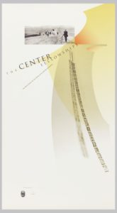 Beneath a small, black and white landscape photograph, the words [The Center Fellowships] cascade in an off-kilter fashion from a swooping yellow abstract design. A vertical string of stamped letters swings down from the end of the word [Fellowships], reading [This sentence is weightless].