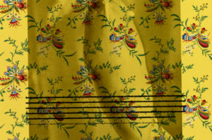 A brightly colored floral pattern repeats against a vibrant yellow background. The pattern is overlaid on top of a black and white photograph of a potato, along with several lines of mostly redacted, miniscule black text.