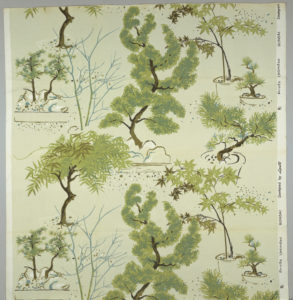 A repeating pattern of several delicately rendered trees colored in green, blue, and brown, centering around the curving body of a bonsai tree.