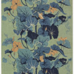 Wide, ruffly blue leaves against a pale green background form a towering vine dotted with bright orange flowers.
