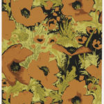 A sea of large, pumpkin orange poppies, whose petals appear to be blowing in the wind, amidst pale greenish-yellow grass and a black background.