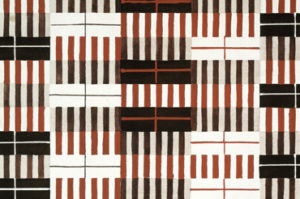 Alternating rectangular sections of red and black lines that have the appearance of piano keys cover a bright white background; the repeating lines and high contrast between the colors has a dizzying effect.