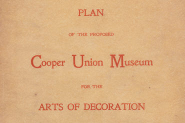 Detail of a book cover that reads in red lettering "Plan of the Proposed Cooper Union Museum for the Arts of Decoration" against a brown background.