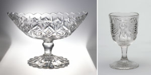 Two side-by-side images of a glass bowl and a glass goblet, both clear and colorless and decorated with ornate carvings.