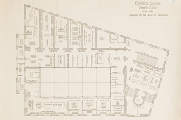 A historic plan view of the fourth floor of the Cooper Union building, the Museum for the Arts of Decoration, depicting a horizontal, architectural layout for an angular built structure with four main straight sides.