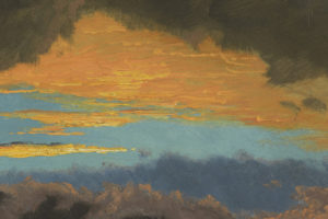 Detail of a painting of a blue sky obscured by orange and gray clouds.
