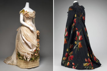 Side by side images of a 19th-century evening gown covered in flowers and a long goat with a pattern of flowers on a black background.