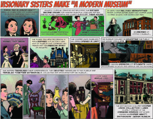 Illustration in a comic book style of the narrative of the origin of the Cooper Hewitt museum.