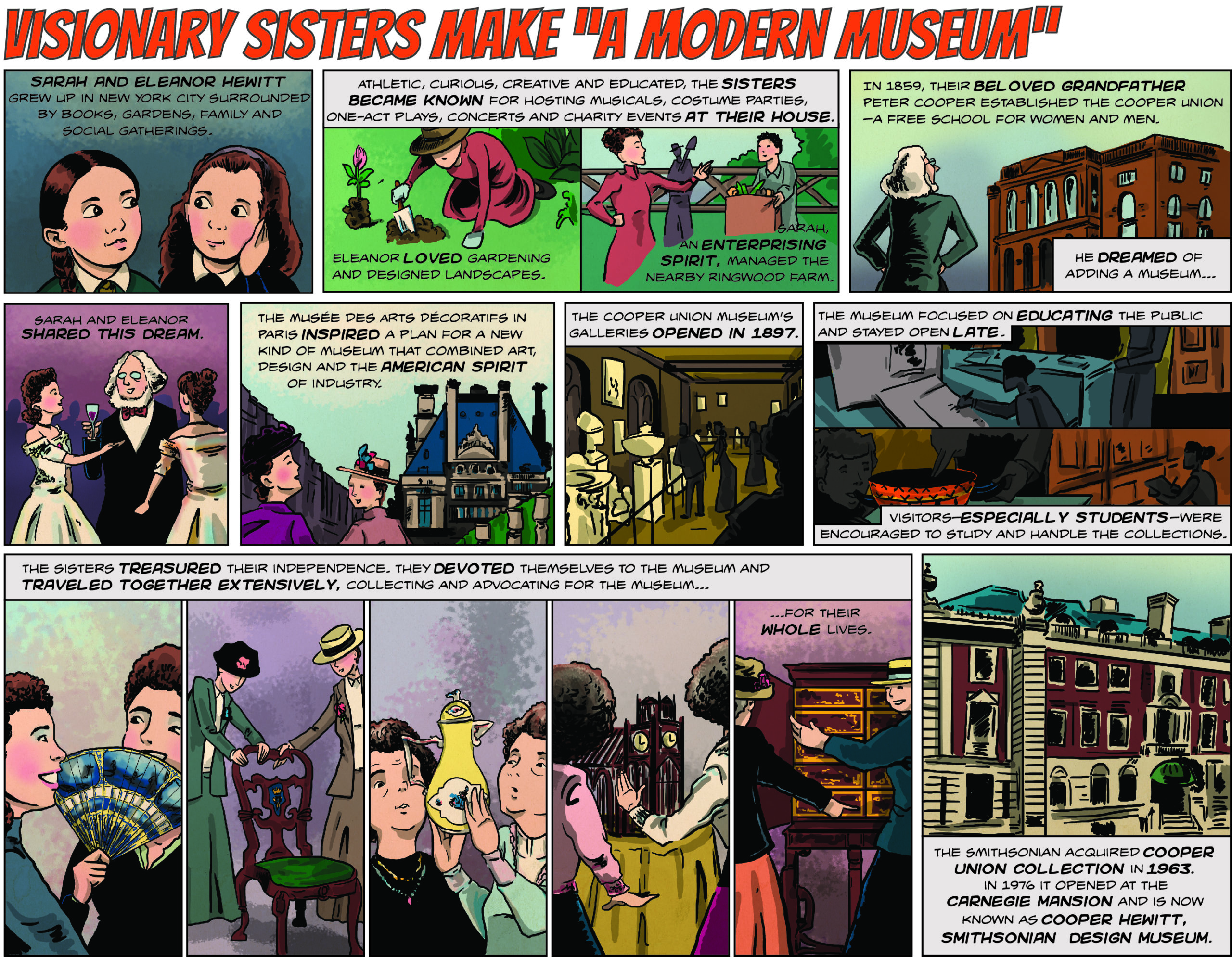 Illustration in a comic book style of the narrative of the origin of the Cooper Hewitt museum.