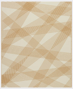 Extremely flat and smooth tan textile crisscrossed by groups of thin, parallel orange lines similar to blank musical staffs.