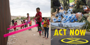 Three photos in a collage: From left, a young boy in a bright red shirt and black shorts and a teenage girl in a pink shirt and floral pants are seen riding a hot pink teeter totter on one side of a tall, rusty wall. Families crowd around the area observing the action and taking photos; top right photo shows clear plastic orbs filled with messages, which are being handled by men in camouflage attire; bottom right photo shows a large street installation reading in bright yellow, all caps "ACT NOW" and a symbol in the foreground. A group of people carrying flags and banners is visible in the distance.