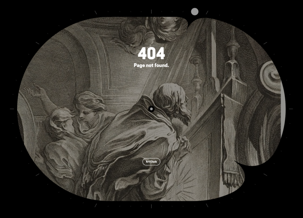 An image of the Art Clock at 4:04 depicting an etching of multiple figures in front of what appears to be a church altar. In the top third of the image is text in white that reads 