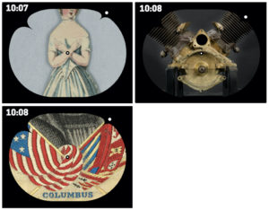 Three images inside the black art clock frame showing the times 10:07 and 10:08. Inside the frame, the images depict the following clockwise from top left, a drawing of a Victorian era woman with her arms crossed in front of her torso, an machine in nickel and brass with two accordion like sections to the top left and right corners, and a section of a stitched patch with two flags crossing each other, and the word "Columbus" in blue at the bottom.