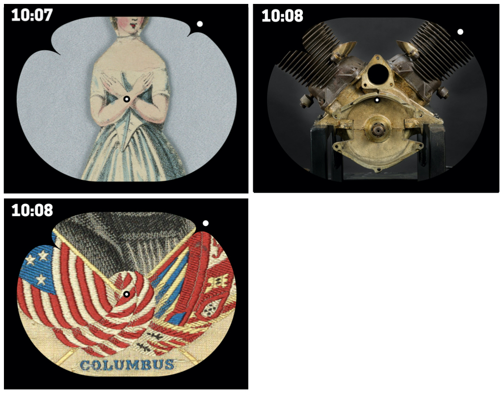 Three images inside the black art clock frame showing the times 10:07 and 10:08. Inside the frame, the images depict the following clockwise from top left, a drawing of a Victorian era woman with her arms crossed in front of her torso, an machine in nickel and brass with two accordion like sections to the top left and right corners, and a section of a stitched patch with two flags crossing each other, and the word 