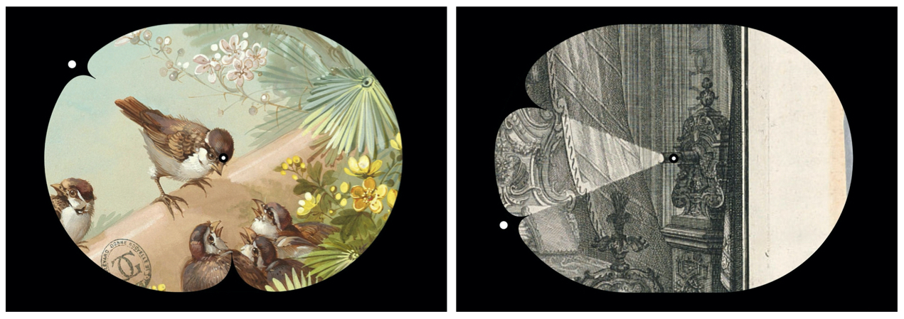 Two images of the Art Clock face in a horizontal line. On the left, at 10:30 is a painting of five brown birds on a green background. One of the birds is standing on a wooden surface leaning over three smaller birds with foliage and flowers off to the right. The image on the right shows a drawing of a stylized antique projector with the clock hands aligned to the top and bottom of the light beam emanating from the projector. It shows the time as 9:40.