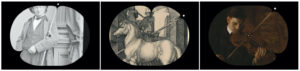 Three images in a horizontal row depicting times close to the top of their respective hours. From left, a black and white photograph of a white man holding a rifle in the crook of his arm leaning against a pillar, an etching of a muscular white horse against a medieval backdrop with a weapon jutting out to the top right, and a painting of a man leaning over and playing a violin.